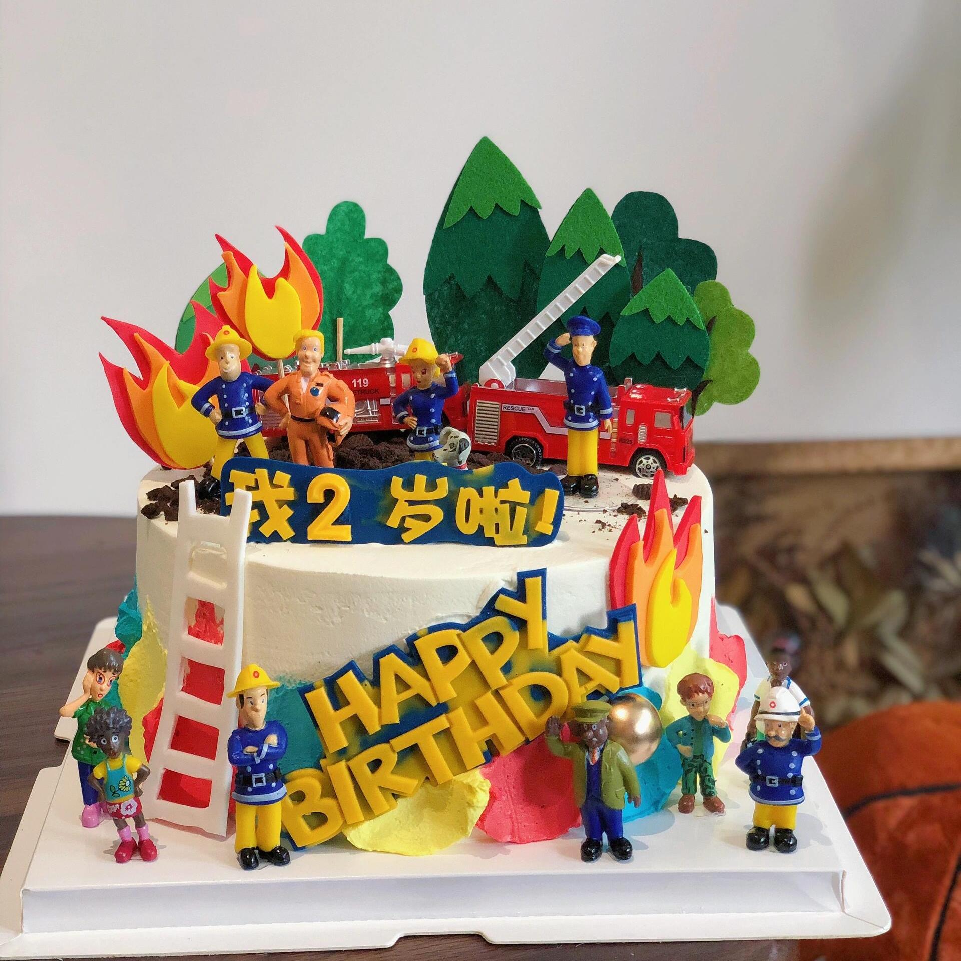 山姆男孩消防员蛋糕装饰摆件消防车洒水枪灭火器儿童生日装扮插件