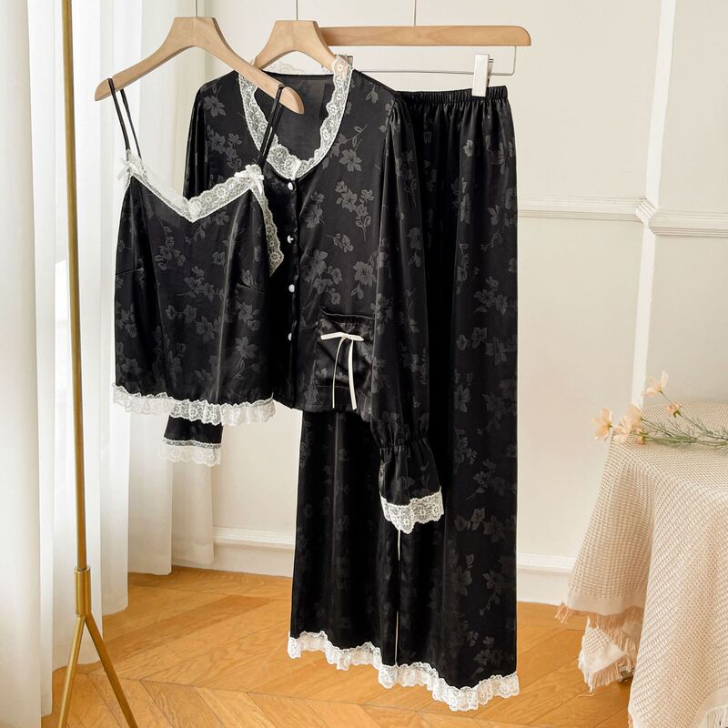 Pajamas Women's Spring and Summer Ice Silk Moonlight Satin Three-piece Set Thin French Romantic Sexy Lace Sling Cardigan Home Clothes