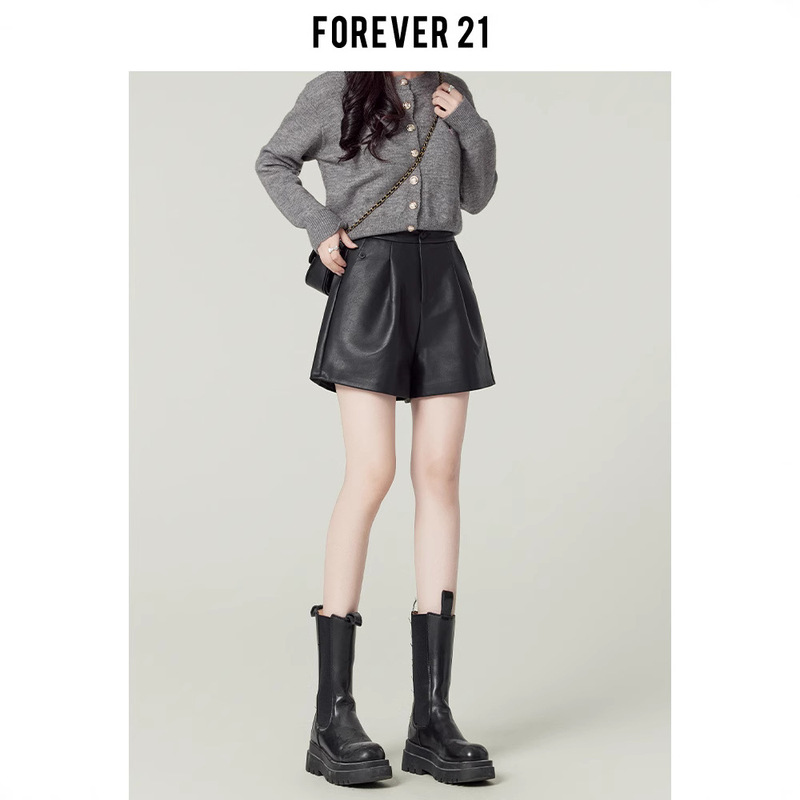 Forever21 American Hot Girl Black Pu Leather Pants Women's Autumn Hip Boot Pants High Waist A-Line Wide Leg Casual Shorts