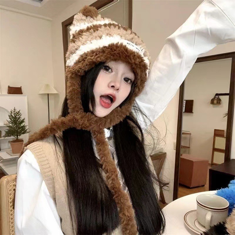民族风帽子条纹拼接针织毛线帽秋冬女加厚保暖防寒护耳套头帽雷锋|undefined