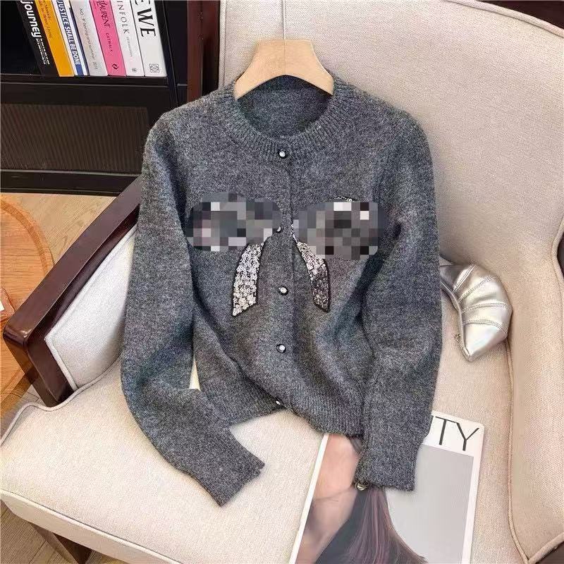 露思同款灰色宽松慵懒风针织衫开衫女秋蝴蝶结毛衣外套