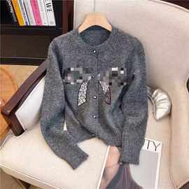 露思同款灰色宽松慵懒风针织衫开衫女秋蝴蝶结毛衣外套