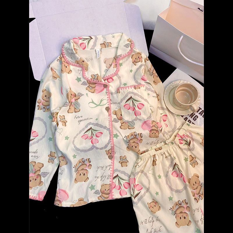 带胸垫睡衣女春秋云朵棉开衫长袖长裤学生卡通可爱家居服两件套薄|undefined