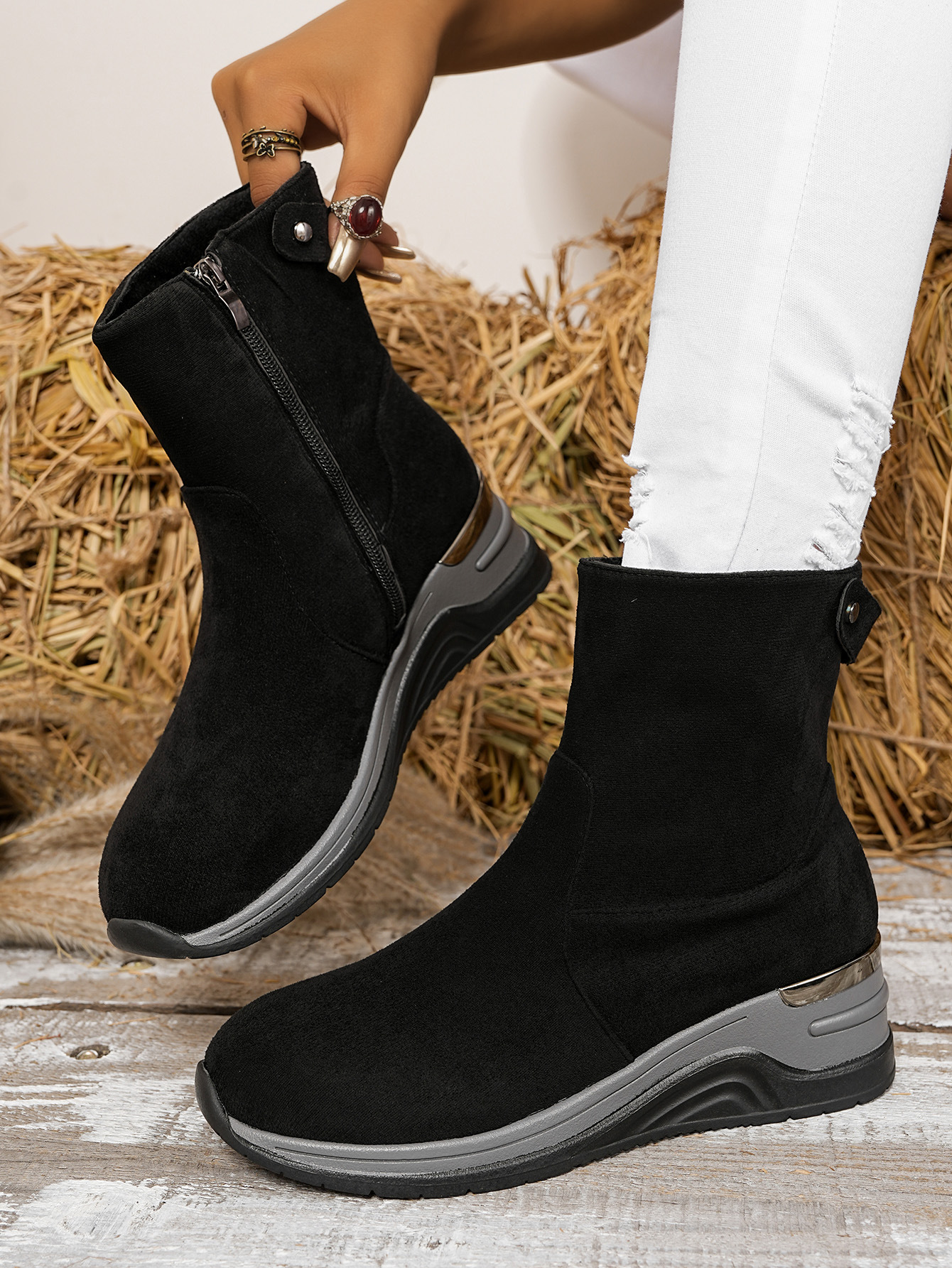 Women's Suede Wedge Ankle Boots With Side Zipper And Platform_voghion.com