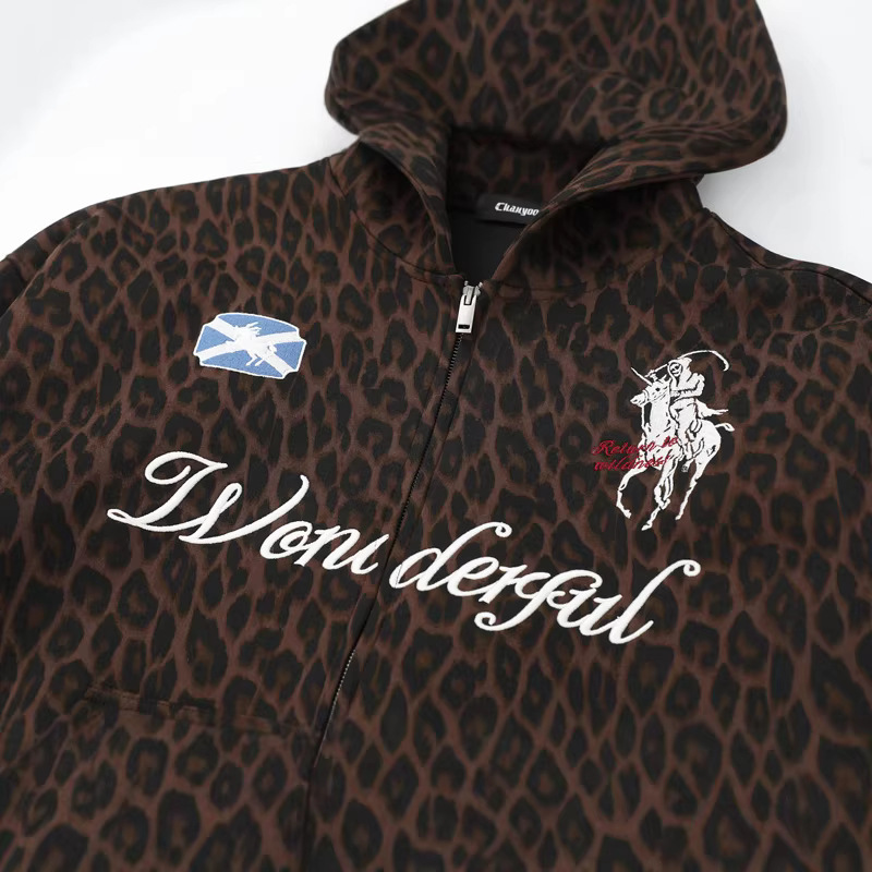 American Street Fashion Leopard Patch bordado impresión chaqueta con sombrero marca de moda suelta cardigan boxy chaqueta hombre y mujer