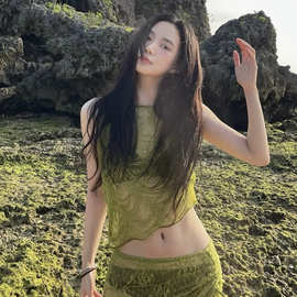 绿色显白性感辣妹比基尼泳装套装纯欲风小胸四件套度假泳衣女士