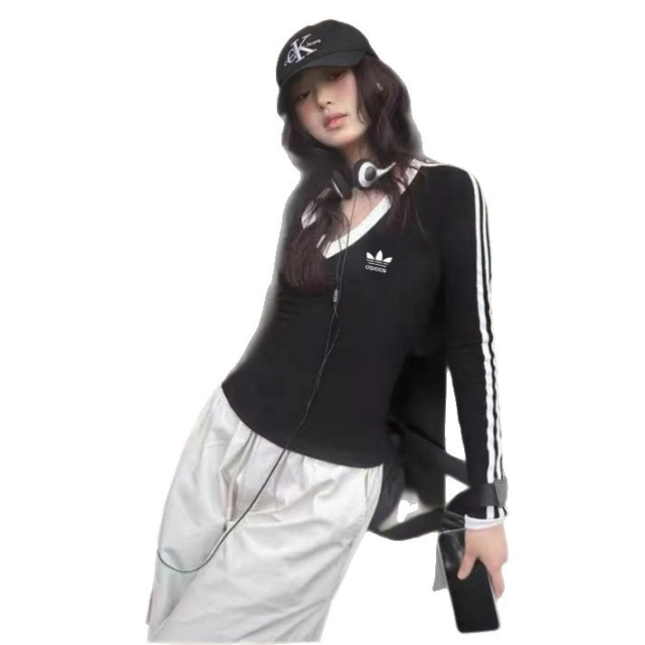 クロスボーダークローバー右肩Vネックストライプ長袖Tシャツレディース春秋スリムフィット甘いファッションショートトップ|undefined