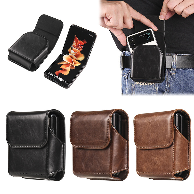 Suitable for Samsung Z Flip 60% off Stacked Screen Crazy Horse Pattern Universal Waist Bag Flip Leather Case Motorola Rzar Hanging Bag