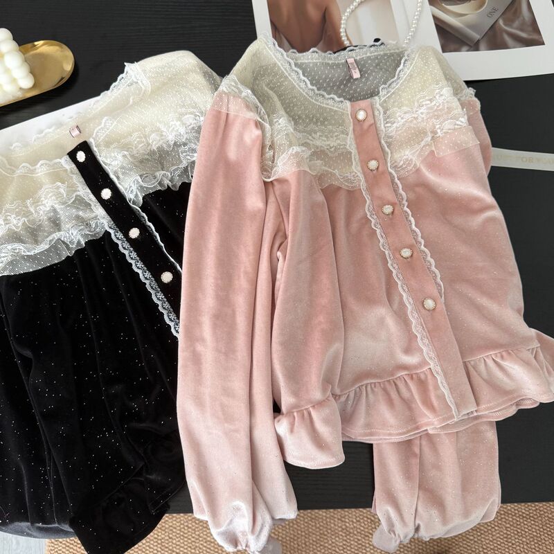 Velvet French-Style Women's Pajamas Autumn Sweet Hepburn Style Long-Sleeve Long Pants Set Korean Lace Thickened Loungewear Velvet French-Style Women's Pajamas Autumn Sweet Hepburn Style Long-Sleeve Long Pants Set Korean Lace Thickened Loungewear