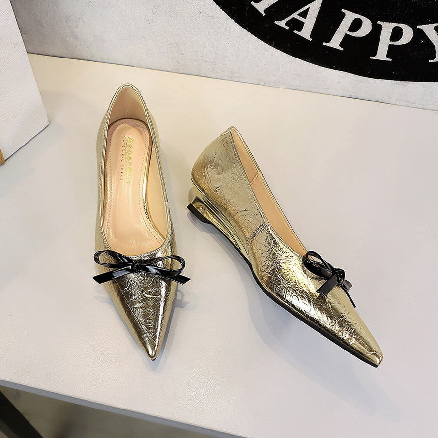 7200-H81 Hepburn Light Luxury Wedge Versatile Shallow Mouth Bowknot High-End Elegant Pointed Toe Women's Single Shoes_vogvips.com