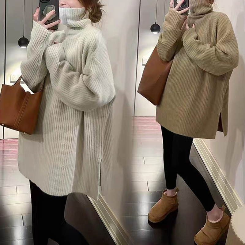 Loose turtleneck lazy sweater women's autumn and winter 2023 autumn and winter New Design split mid-length bottoming top