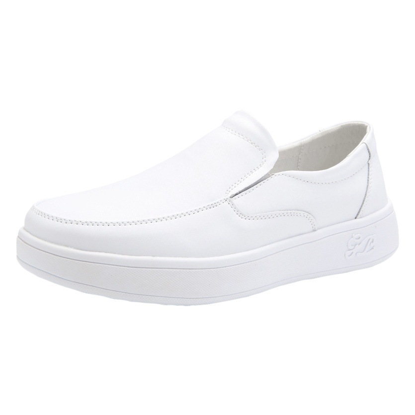 Zapatos de enfermera desodorante plano de los hombres slip-on punta redonda trabajo médico zapatos de fondo suave transpirable casual cuero blanco zapatos mediados de talón