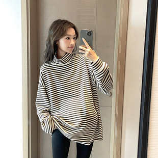 Winter maternity clothes Korean style striped maternity T-shirt thickened Australian velvet velvet bottoming shirt loose plus size lazy style