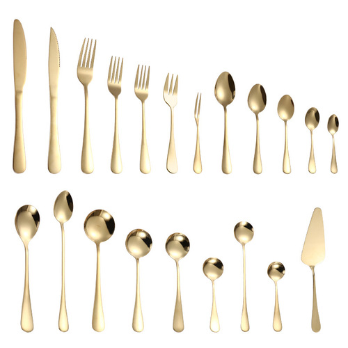 Set of 1010 Gold-Plated Stainless Steel Western Cutlery Coffee Stirrer Cake Spatula Steak Knife Fork Set for Hotel