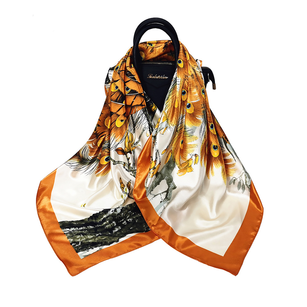 90cm Spring New Simulation Silk Square Scarf Peacock Ladies Leisure Travel Silk Scarf Shawl Headscarf display picture 5