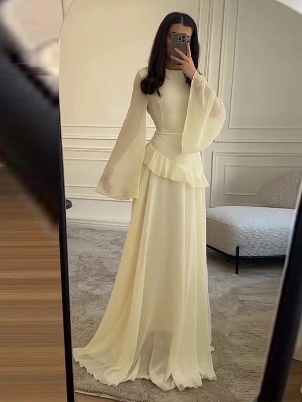 欧美跨境2025新款褶皱长裙女装修身o型领收腰晚礼服时尚连衣裙|undefined