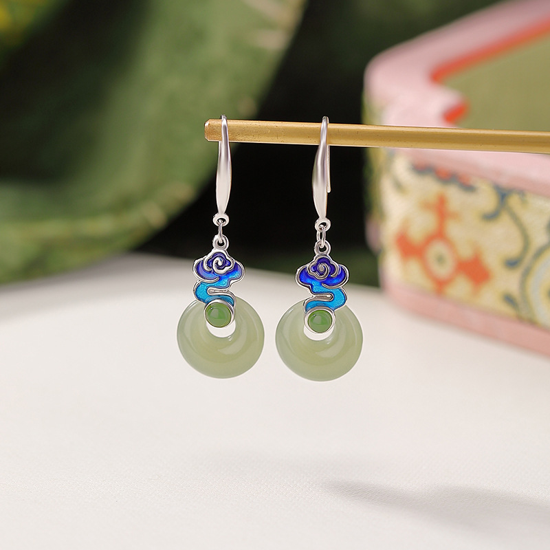 Bông tai nữ bạc S925 đính ngọc bích vàng tự nhiên và pha lê men xanh, mặt dây hình bình an khóa — Một đôi