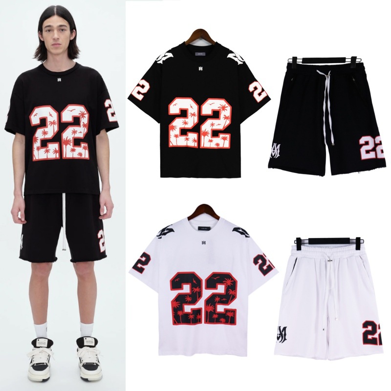Am24 nuevo logo camiseta de manga corta número 22 lavado retro pareja tendencia deportes 5 puntos pantalones cortos traje 1ri