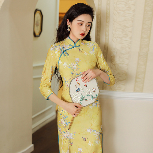 Yellow floral qipao Chinese dresses for women girls restoring ancient ways improved qipao everyday  young cultivate morality miss etiquette host singers evening dress