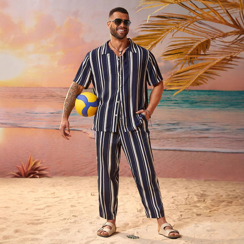 2025 Temu Amazon Cross-border Fashion Casual Men's Plus Size Striped Short-sleeve Shirt + Pants Set