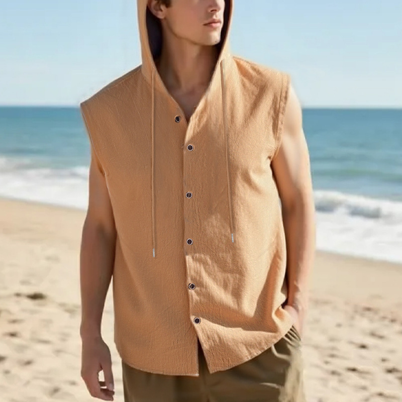 Nuevo transfronterizo Amazon nuevo estilo americano de verano hombre relajado casual lino sólido con capuchón camisa sin mangas