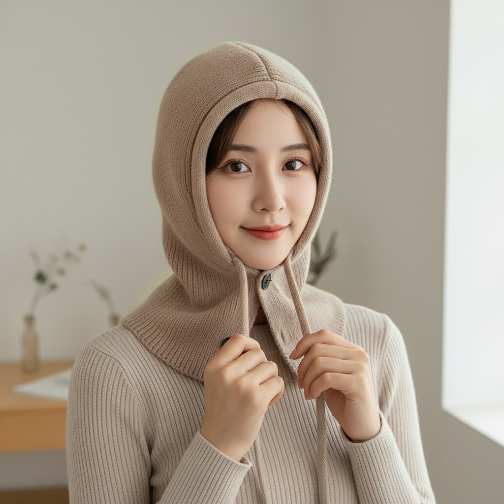 秋冬款韩版女款针织巴拉克拉法帽围巾一体保暖护耳护颈披肩毛线帽