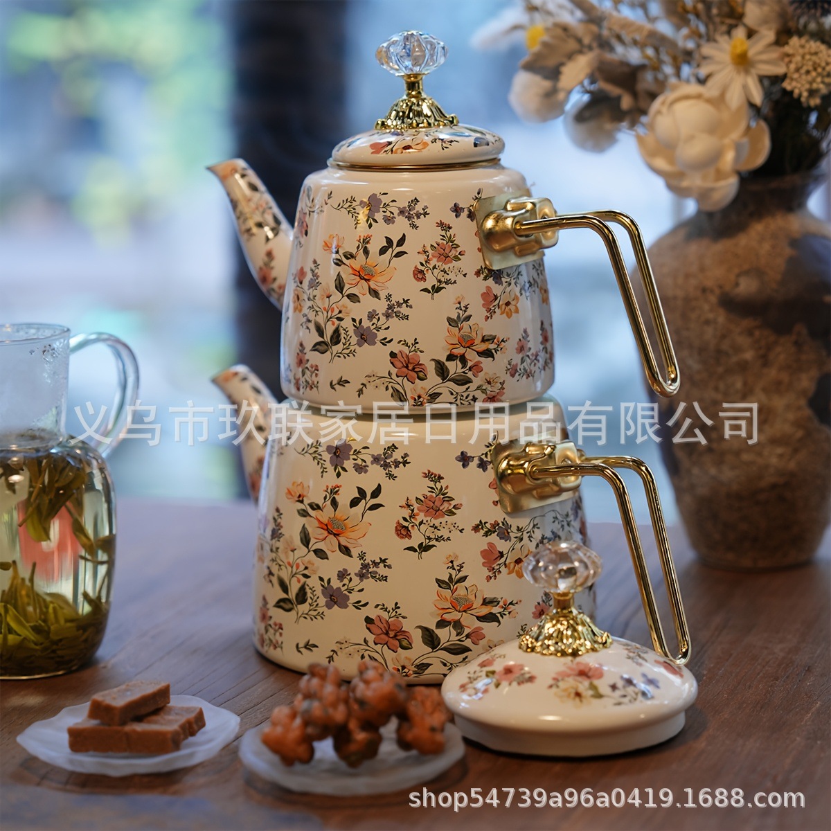 New Chinese-Style Enamel Tea Set with Water Infusion Teapot, Bamboo Joint Cup, Cold Brew Tea Container with Filter, Suitable for Induction Cookers