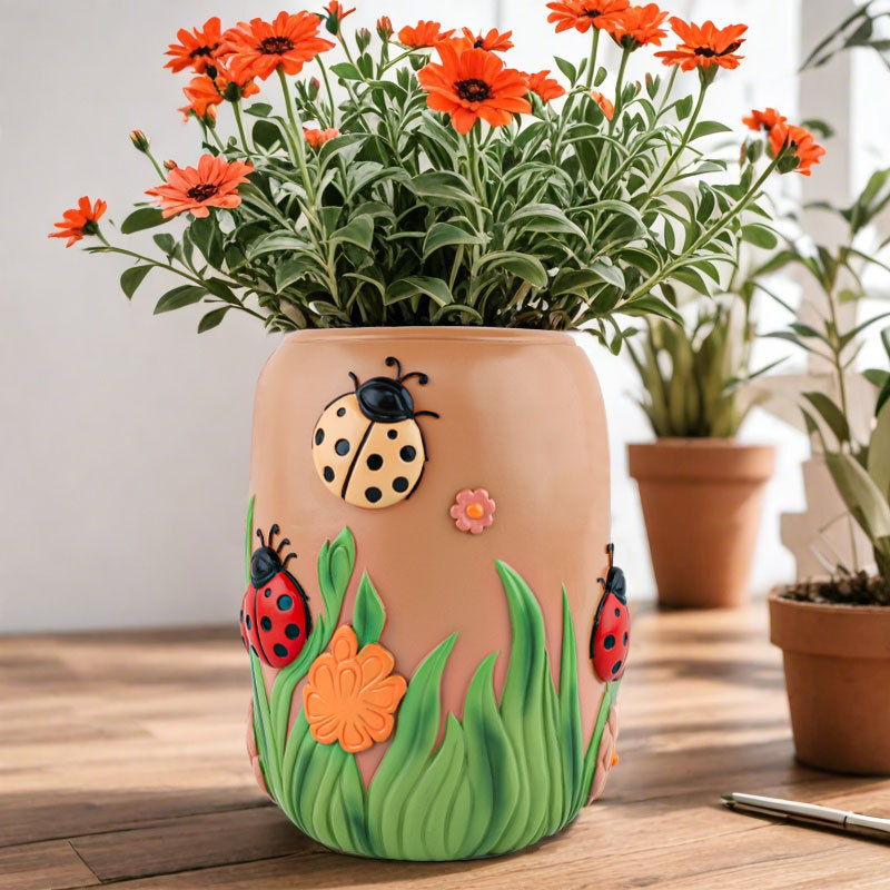 Overseas Cute Coccinella septempunctata Resin Flower Pot Home Desktop Balcony Garden Set Bonsai Decorative Ornaments