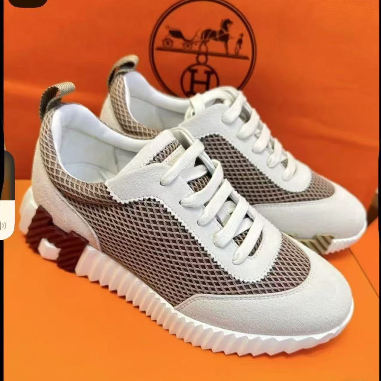 Hermes Bouncing Mesh Suede Low White Beige