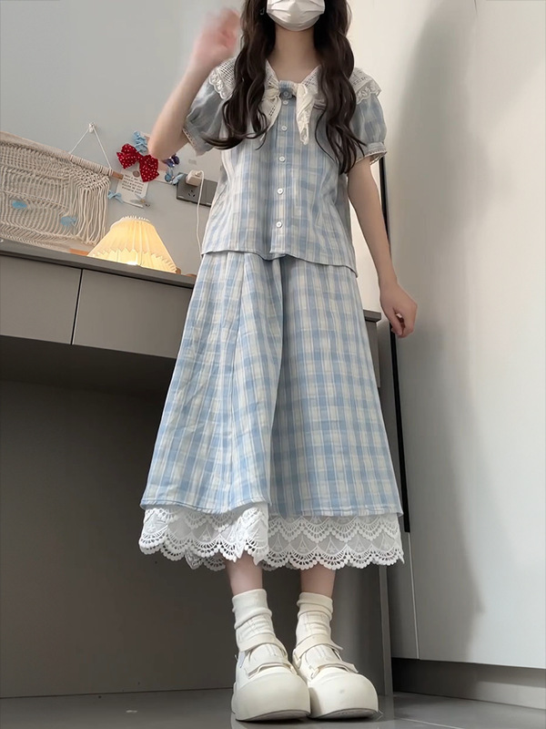 甜美小个子蓝色格纹泡泡袖花边领衬衫女+高腰a字裙两件套|undefined
