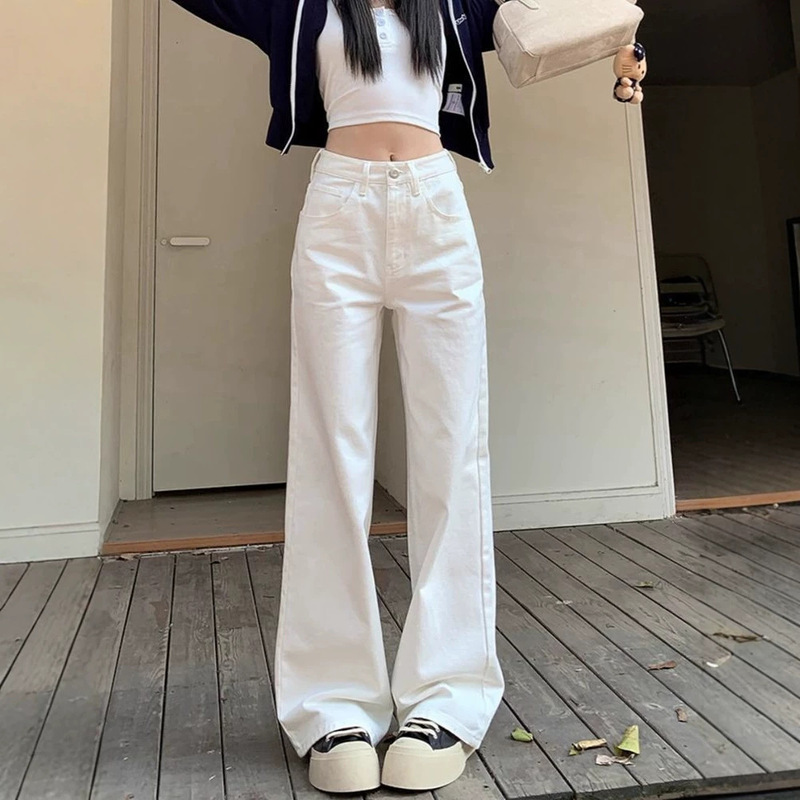 White Wide-Leg Loose-Fitting Slimming Straight-Leg Jeans for Petite Women, with a Draping Effect, Narrow Straight-Leg Pants for Women
