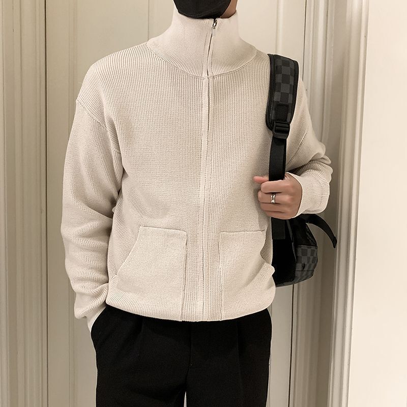 New Cardigan Sweater Jacket with Flap Pocket Pantss and Stand Collar for Men, Autumn and Winter Youth Versatile Casual Tops/Trendy Pieces