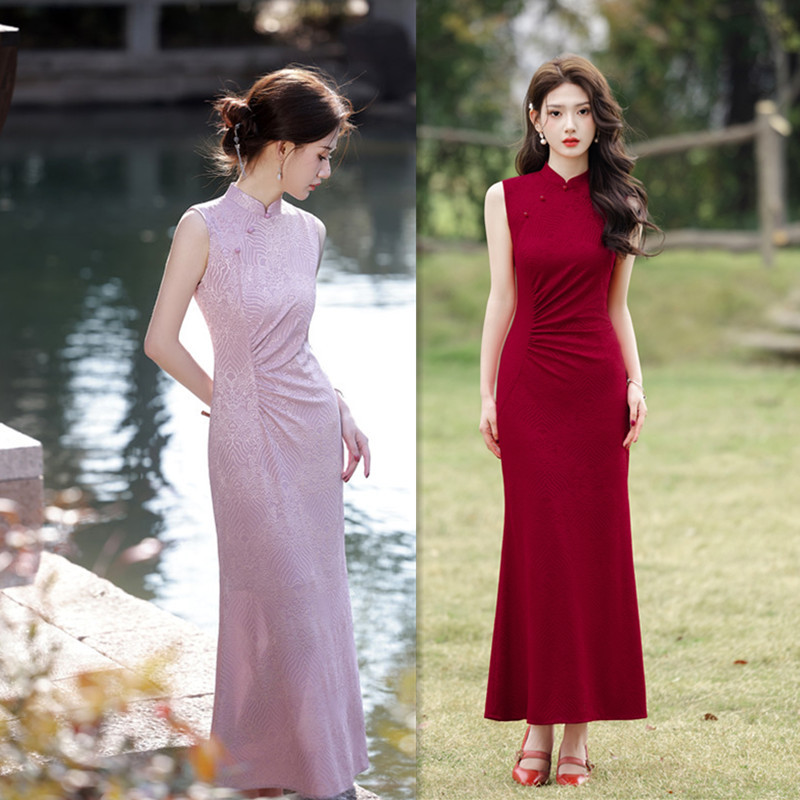 Ail Flag Embroidered Knit Long-Sleeve Fish-Tail Cheongsam for 2025 Spring, New Arrival Modified Chinese Style Daily Wear Cheongsam