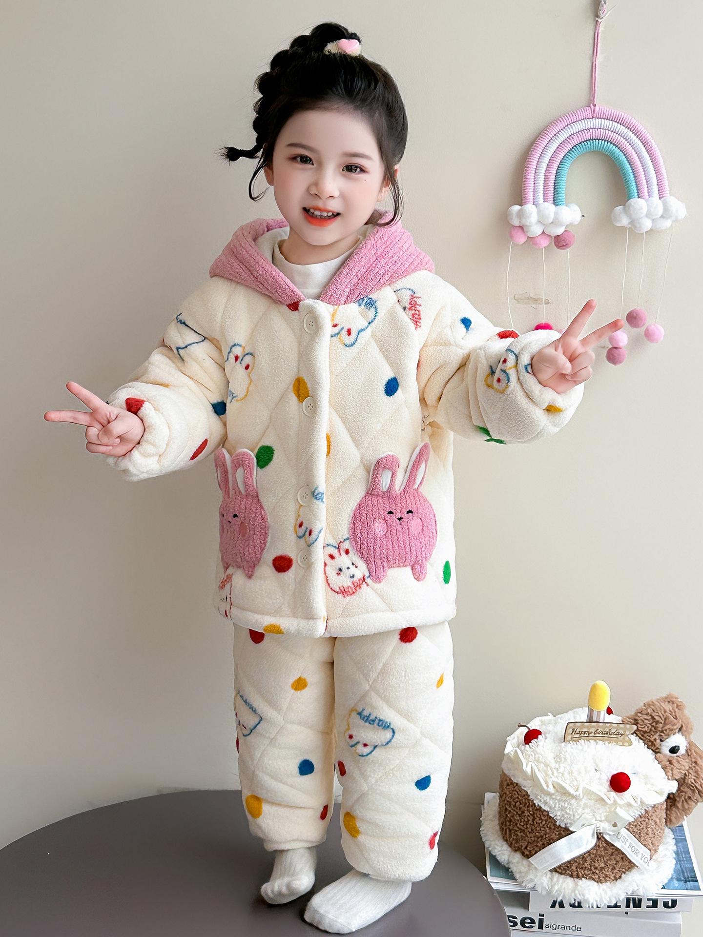 Niñas coral terciopelo ropa de hogar tres capas de algodón engrosado conjunto de invierno terciopelo para niños con capuchón pijamas cálidos