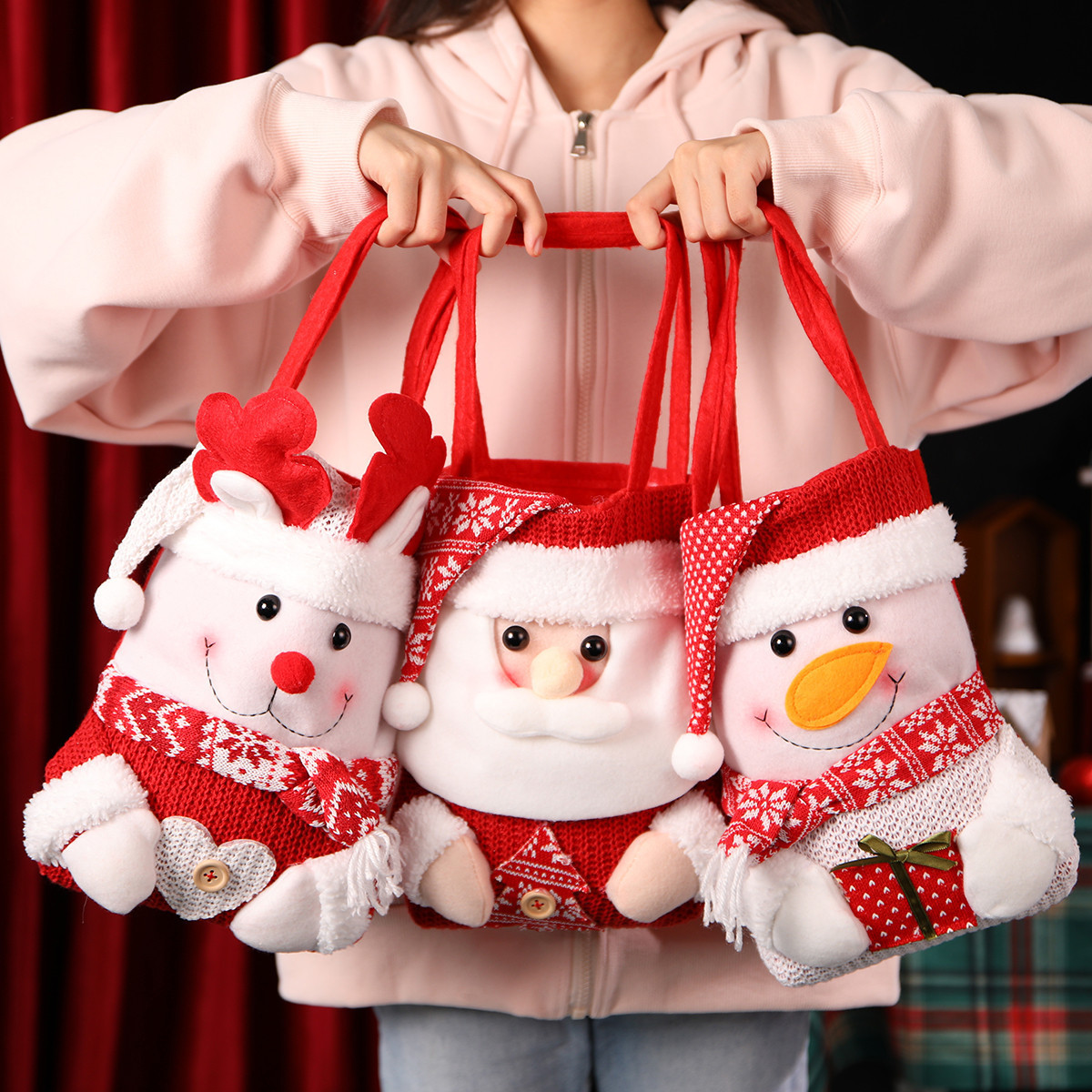 圣诞苹果袋手提礼物袋大号抽口针织卡通创意平安夜糖果袋老人麋鹿