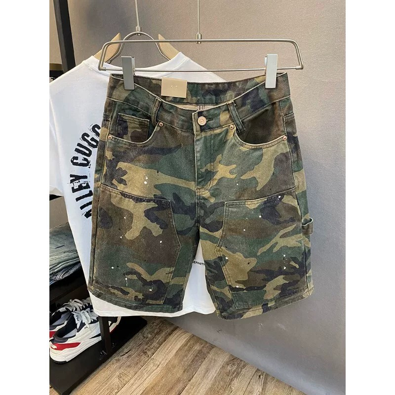 American-Style Heavyweight Camouflage Jeans for Men, 2026 Summer Thin Trendy Brand Workwear Shorts, Loose Straight Five-Point Pants