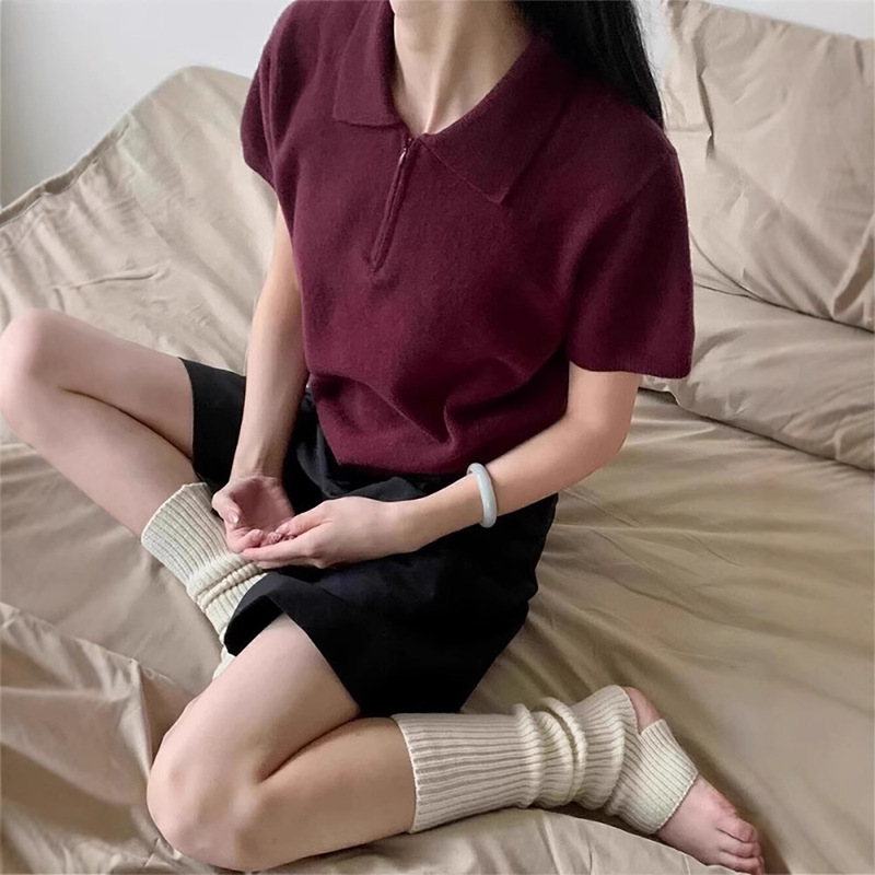 2025 Summer Half Zip Design Knitwear Women's French Lel Chic Short Sleeve Base Shirt Short Top