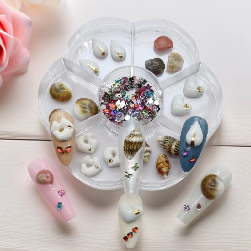 Fashion new handmade ceramic plus natural shell plus mini shaped acrylic combination nail jewelry new material