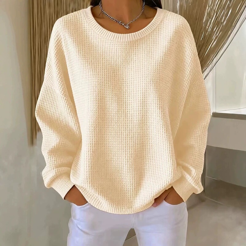2026 European and American Amazon women's autumn and winter long-sleeve sweatshirt, round neck, solid color, waffle knit, pullover, patchwork long-sleeve sweatshirt 2026 European and American Amazon women's autumn and winter long-sleeve sweatshirt, round neck, solid color, waffle knit, pullover, patchwork long-sleeve sweatshirt