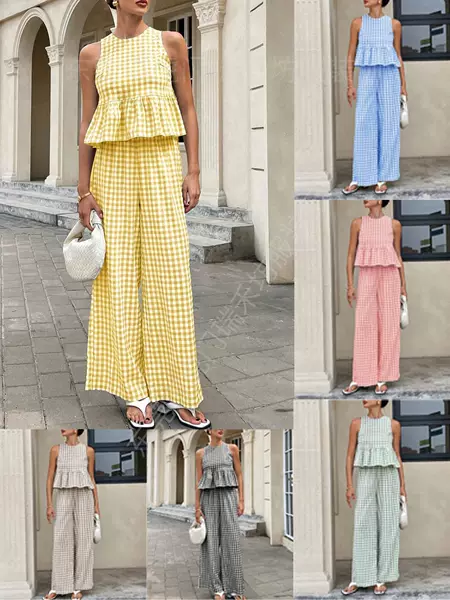 2026 European and American Amazon New Plaid Suit with Ruffled Skirt, Round Neck, Sleeveless, Fashionable and Elegant Two-Piece Set for Women