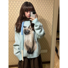 韓国系の甘い風のかわいい猫のジャカードの丸首のプルオーバー