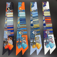 New Digital Printing Tartan Silk Small Silk Scarf Double Diagonal Hangzhou High-Quality Tartan Silk Tassel Hairband Gift Bag