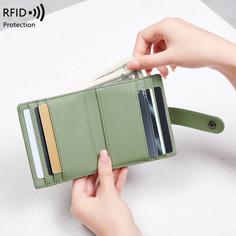 RFID anti magnetic women's wallet PU solid color buckle credit card bag small and lightweight short coin purse_voghion.com