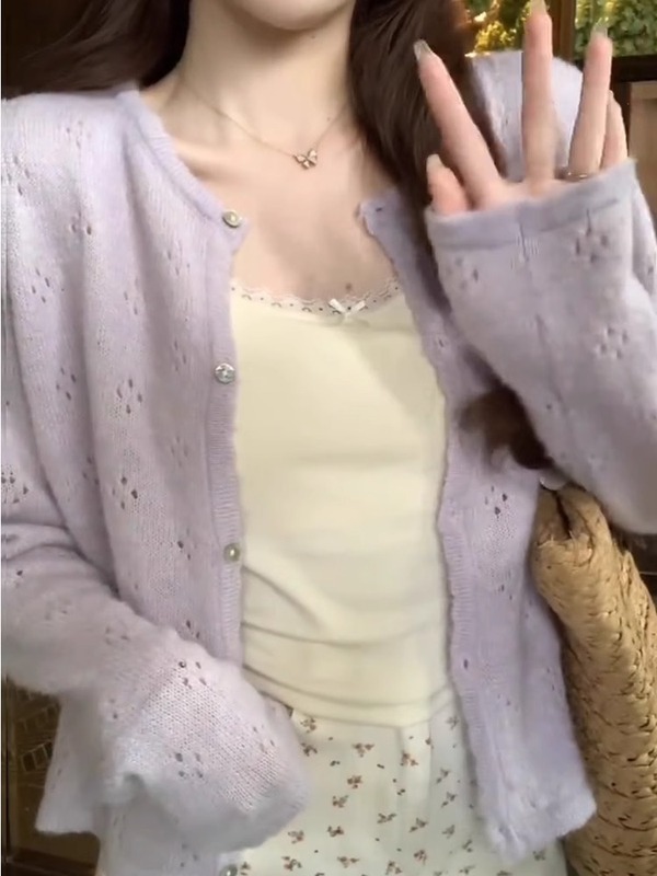 浪漫浅紫镂空针织衫开衫女春季新款韩系温柔风小个子外搭薄款上衣|undefined