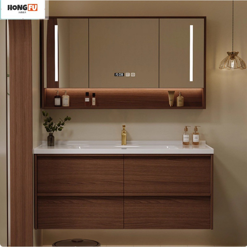 Hongfu Jiayue New Mid-Century Style Skeleton Line Oak Bathroom Combination Ceramic Integrated Basin Wash Basin Bathroom Wash