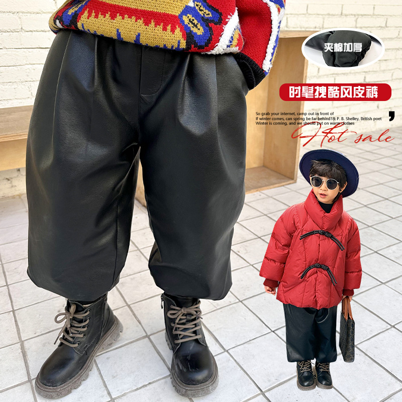 소년의 겨울 두꺼운 바지 2025 겨울 새로운 퀼트 PU 가죽 바지 어린이 한국 스타일 두꺼운 부츠 트렌디