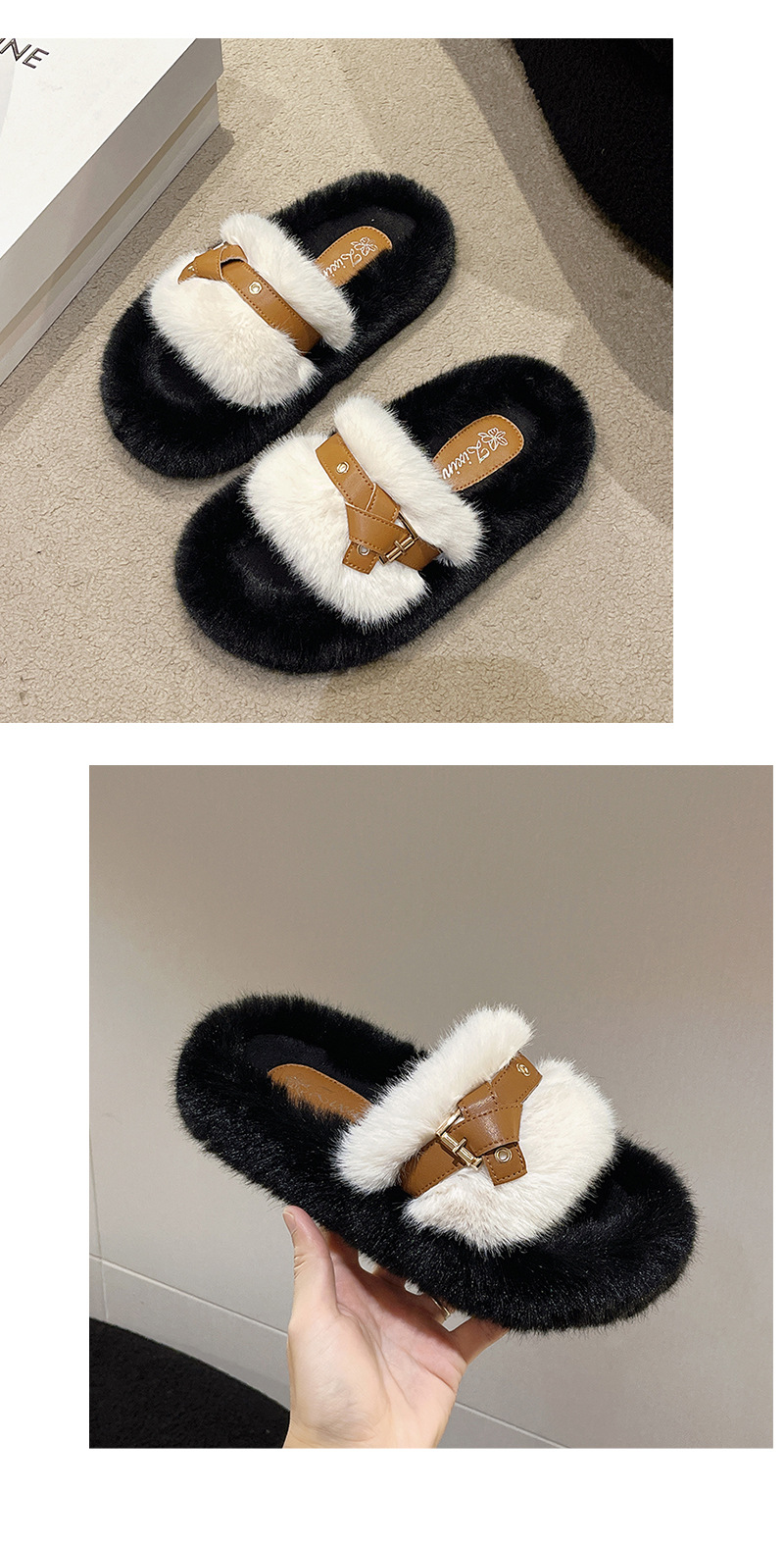Pantofole in pelliccia nera panda di vendita calda per donna 2023 nuovo nodo con cintura autunno e inverno con calzini e mezze pantofole in velluto_voghion.com