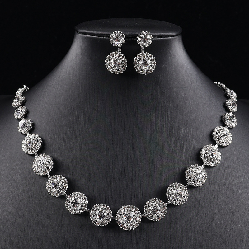 Cross-Border European and American High-End Dress Wedding Dress Necklace and Earrings Set Full of Diamonds and Zircons Bridal Jewelry Wholesale Accessories for Women