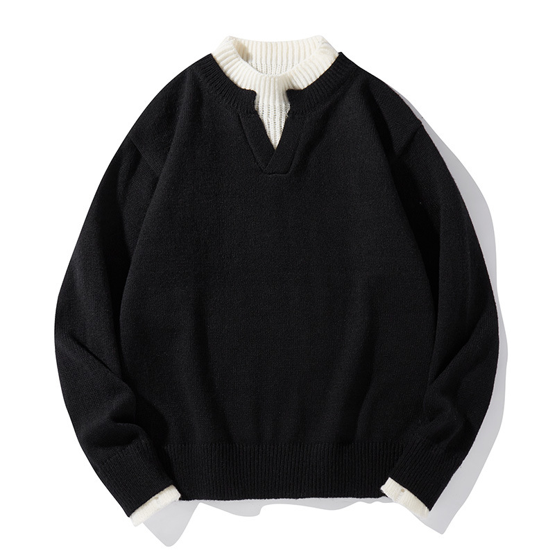 Men's Layered Look V-Neck Sweater Winter Oversized Knit Pullover Casual Loose Fit Long Sleeve Layering Top With Ribbed Hem_voghion.com
