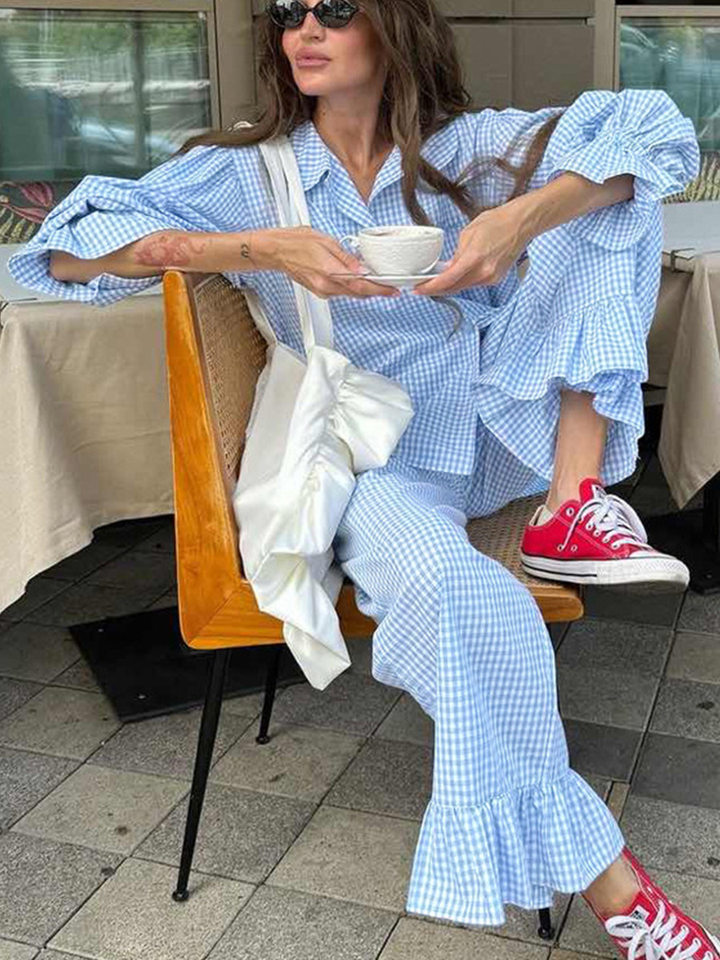Bộ đôi áo sơ mi tay dài bèo nhún và quần dài kẻ caro cotton — hồng chi tiết 22